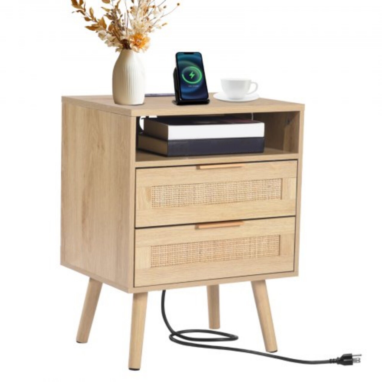 Rattan Nightstand with 2 Drawers Open Shelf and Charging Station